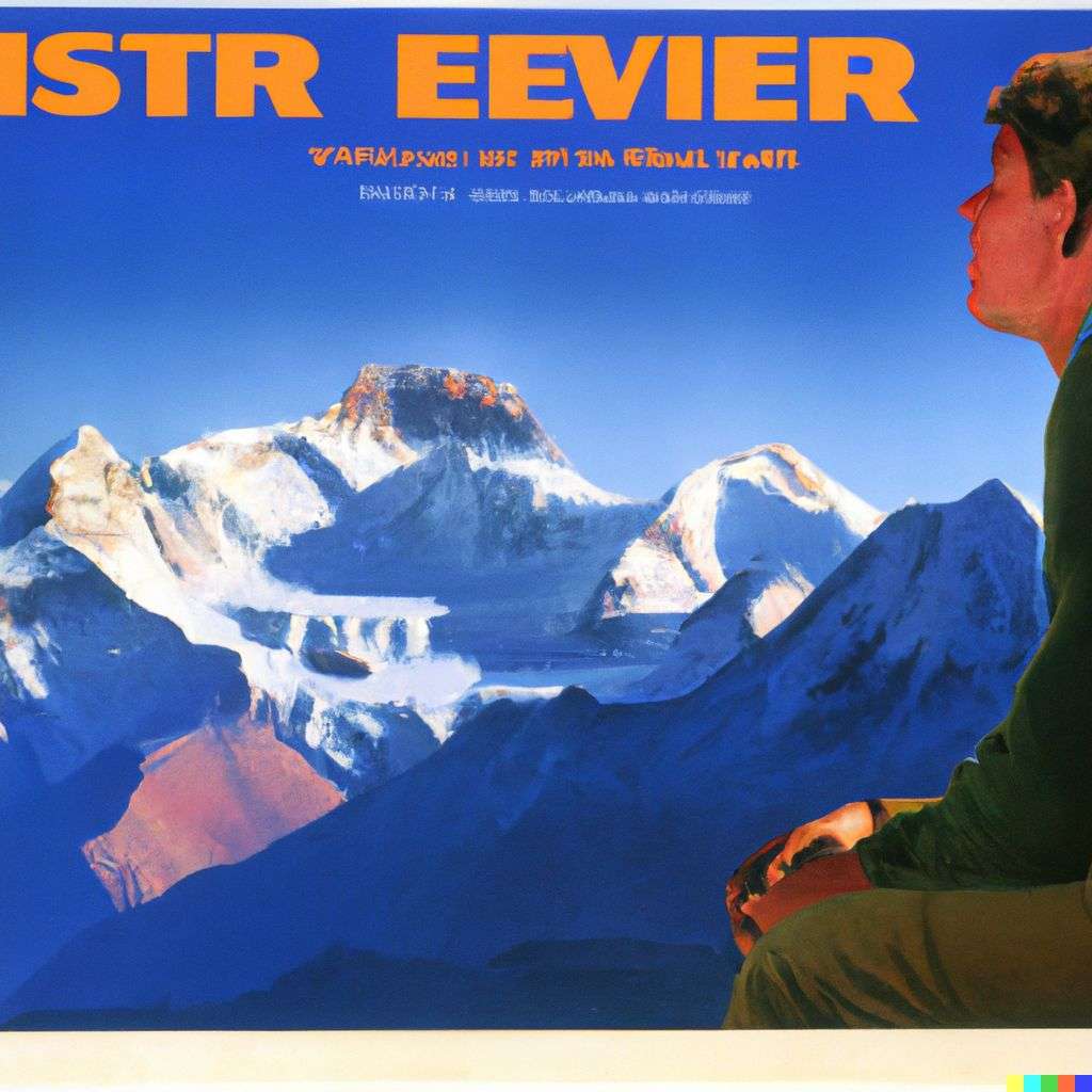 someone gazing at Mount Everest, advertisement from the '80s